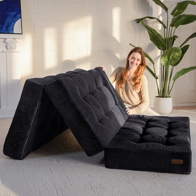 MAXYOYO Tri-Fold Mattress, 6 Inch Tufted Folding Futon Foam Bed, Foldable Floor Mattress Guest Bed Futon Topper Portable Camping Sleeping with Corded Fabric, Black, 59"x79"