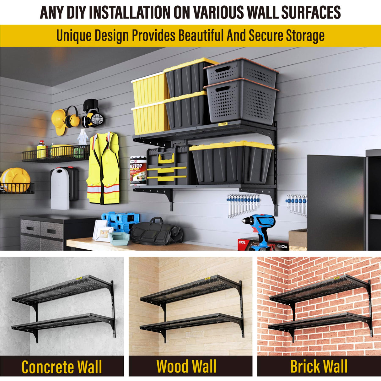 Aecxm 1pack×2 Tier 1.3x3ft Garage Shelving Wall Mounted, 400 lbs Load Capacity,15.6x36inch per Shelf Height Cassette Adjustable Floating Shelves, Black Aecxm