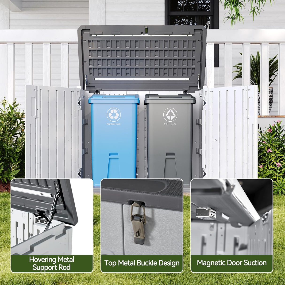 Aoxun White Outdoor Storage Cabinet with 2 Shelves, 35 Cu.Ft Trash Can Storage Shed, Waterproof, Horizontal Storage for Garbage Bin, Generator, Lawn Mower Aoxun