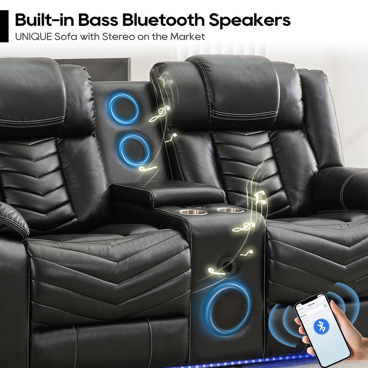 Manual Recliner Sofa Set 3 Piece with Wireless Charger for Living Room,Leather 3 Seater Reclining Couch with Bass Speaker and Loveseat Theater Seating,Home Electric Recliner Chair with LED Light,Black Comfort Stretch