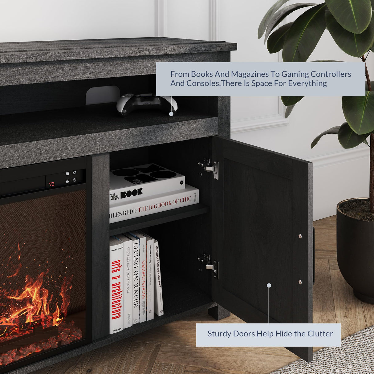 BELLEZE 58" Farmhouse Fireplace TV Stand for TVs up to 65", 23" Electric Fireplace Heater with Sound, Entertainment Center Media Console Table Barn Door Storage Cabinets for Living Room - Rustic Grey BELLEZE