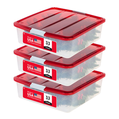 IRIS USA 33 Qt. Holiday Wreath Storage Container Box with Lid, 3-pack, Stackable Under Bed Storage Organizer Bin with Latching Buckles for 20" Wreaths Festive Holiday Decorations Garlands, Clear/Red