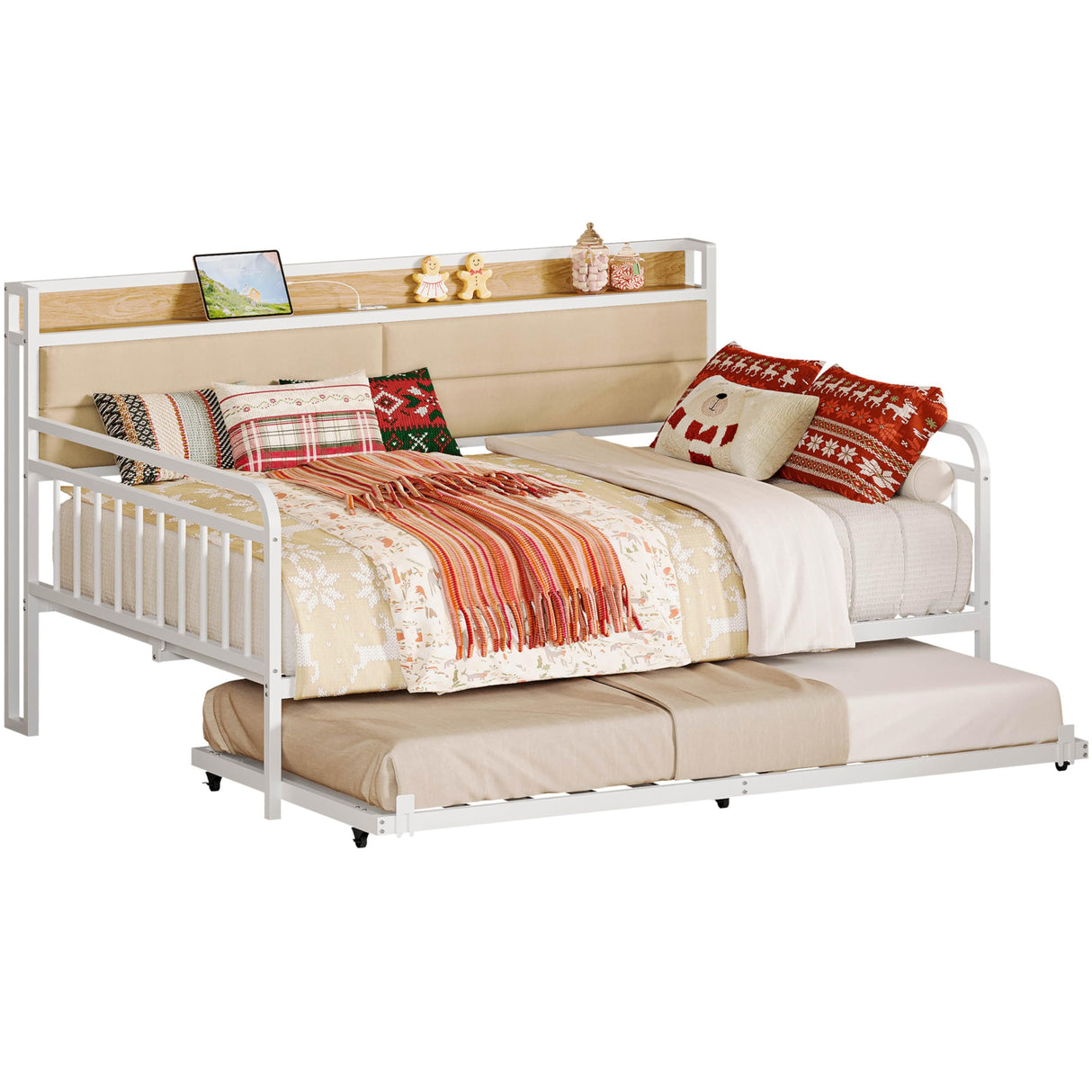 LIKIMIO Daybed with Trundle, Sturdy Metal Full Size Bed Frame with Upholstered Headboard and Charging Station for Living Room, Bedroom and Guest Room, White LIKIMIO