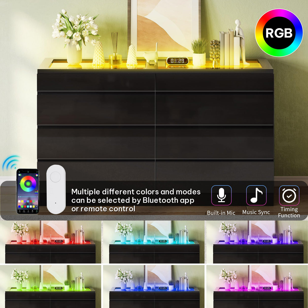 DWVO 8 Drawer Dresser with LED, Black Dresser, Modern 8 Chest of Drawers with Deep Drawers Glass Top High Gloss Surface, Storage Organizer Cabinet for Living Room DWVO