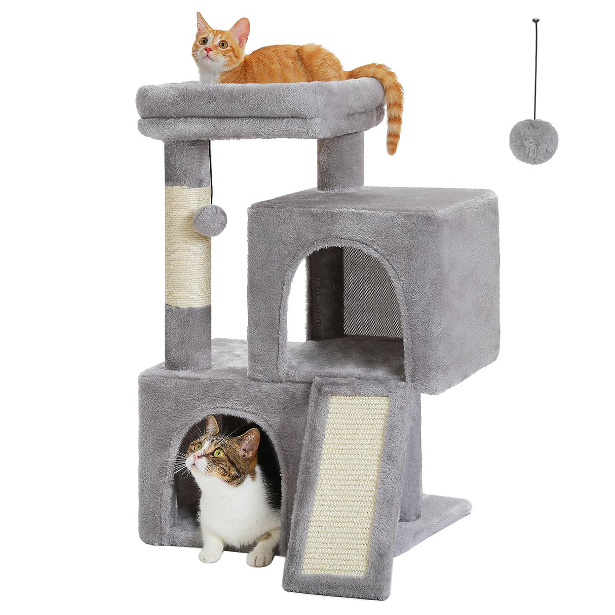 PAWZ Road Cat Tree, 30 Inches Cat Tower with Dual Condos for Indoor Cats, Plush Cat House with Padded Perch, Scratching Ramp and Posts and Replaceable Balls-Gray PAWZ Road