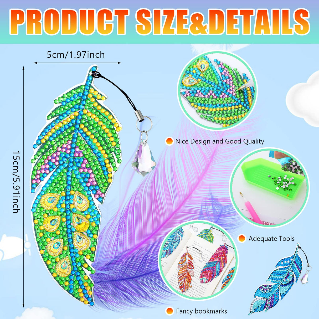 Tinlade 8 Pcs 5d Diamond Painting Bookmarks Kits DIY Crystal Diamond Art Feather Bookmarks for Book Lovers Home Office Project Graduation Birthday Gift Tinlade