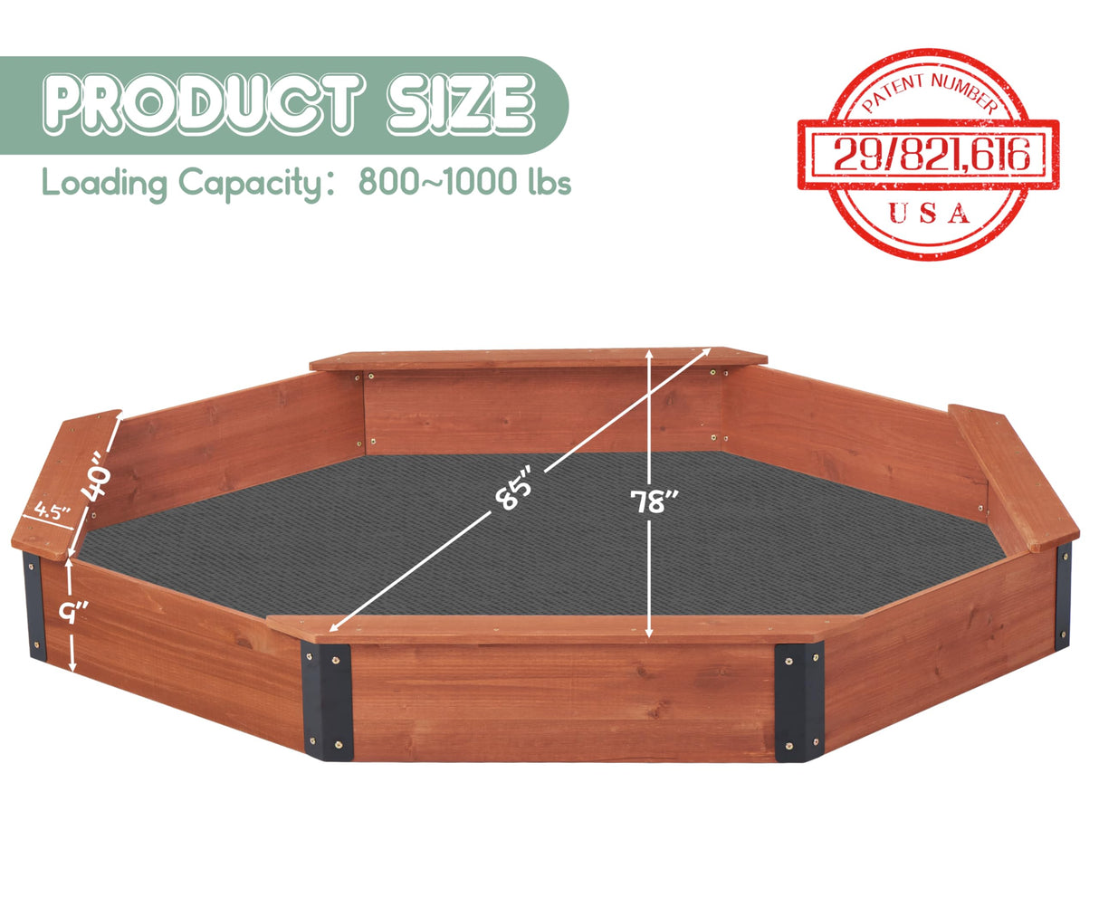 85''x78''x9'' Wooden Octagon Sandbox with Cover, Large Sandpit for Kids Outdoor Patio Backyard Play, Easy & Quick Assemble Mederra