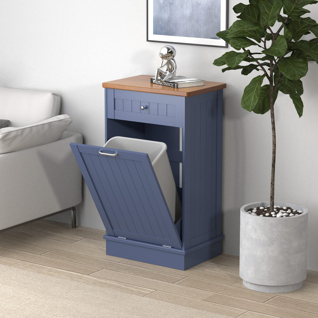 TOLEAD Tilt Out Trash Cabinet,Antique-Style Beadboard Kitchen Island with Solid Wood Tabletop & Drawer, Pet Proof Trash Can, Wood Laundry Cabinet (Blue) TOLEAD