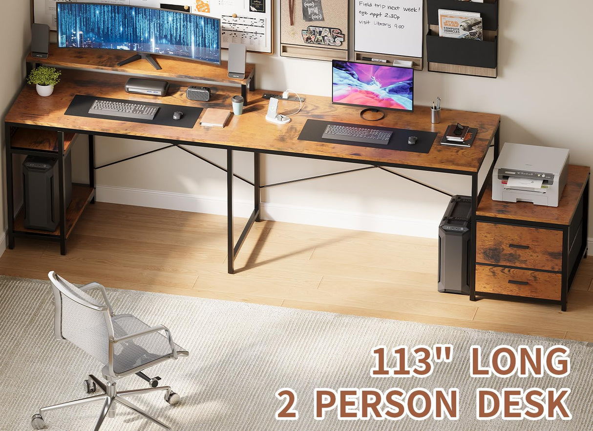 OtterOasis 66" L Shaped Desk with Drawer, 113" 2 Person Desk with Printer Stand, Large Convertible L Shape Gaming Desk with Power Outlet, Computer Desk with Led Light for Home Office, Rustic Brown OtterOasis