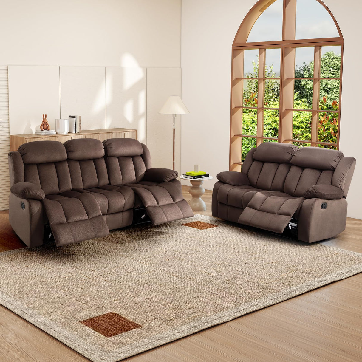 INZOY Manual Reclining Sofa Set, Included Wall-Hugger 2 Seat Recliner Loveseat and Wall-Hugger 3 Seat Recliner Sofa Coach, Modern 3 Reclining Sofa Couch for Living Room Furniture, Brown, 2+3 INZOY