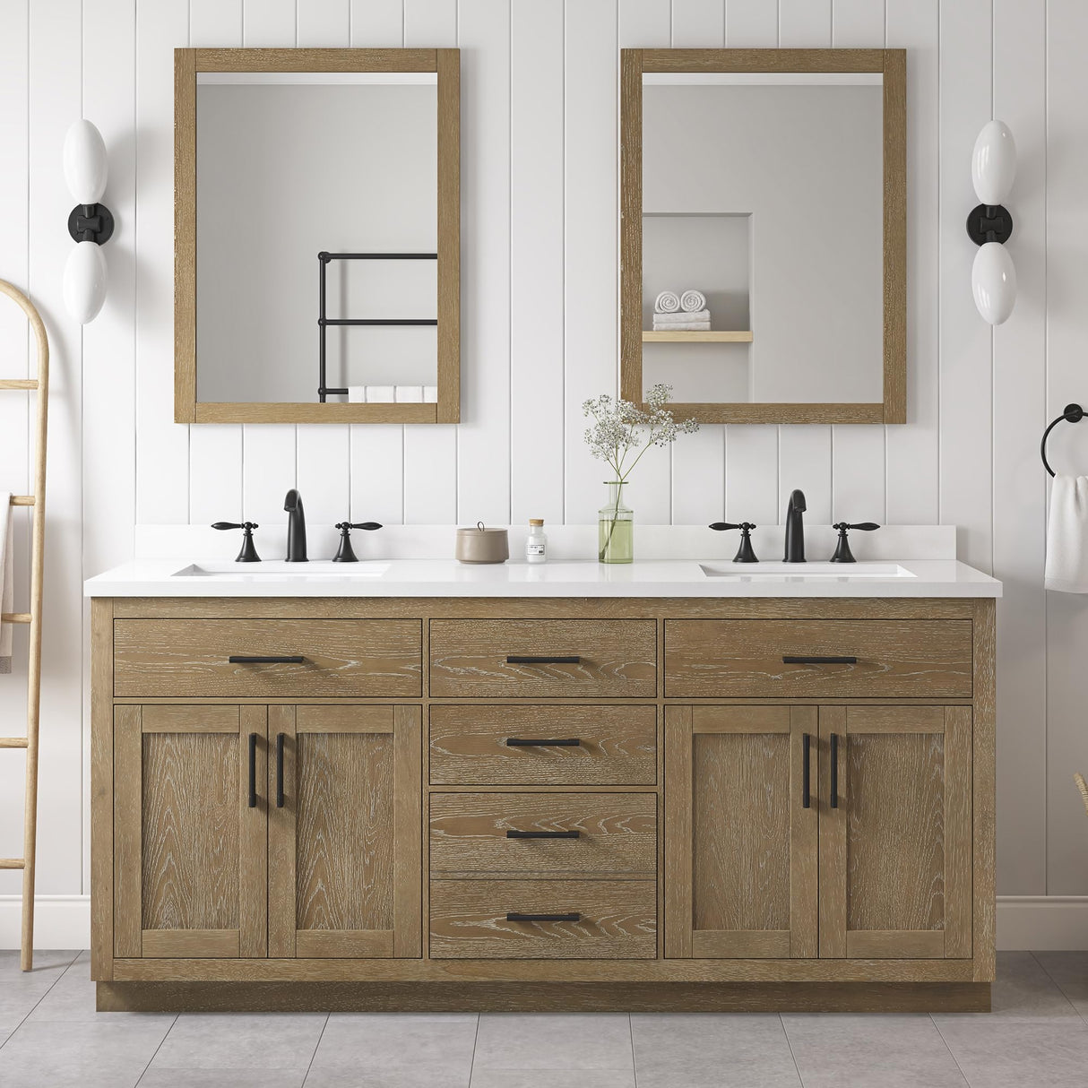 OVE Decors Bailey 72 in. W x 22 in. D x 34.5 in. H Bath Vanity in Driftwood Oak with White Engineered Quartz Top OVE Decors