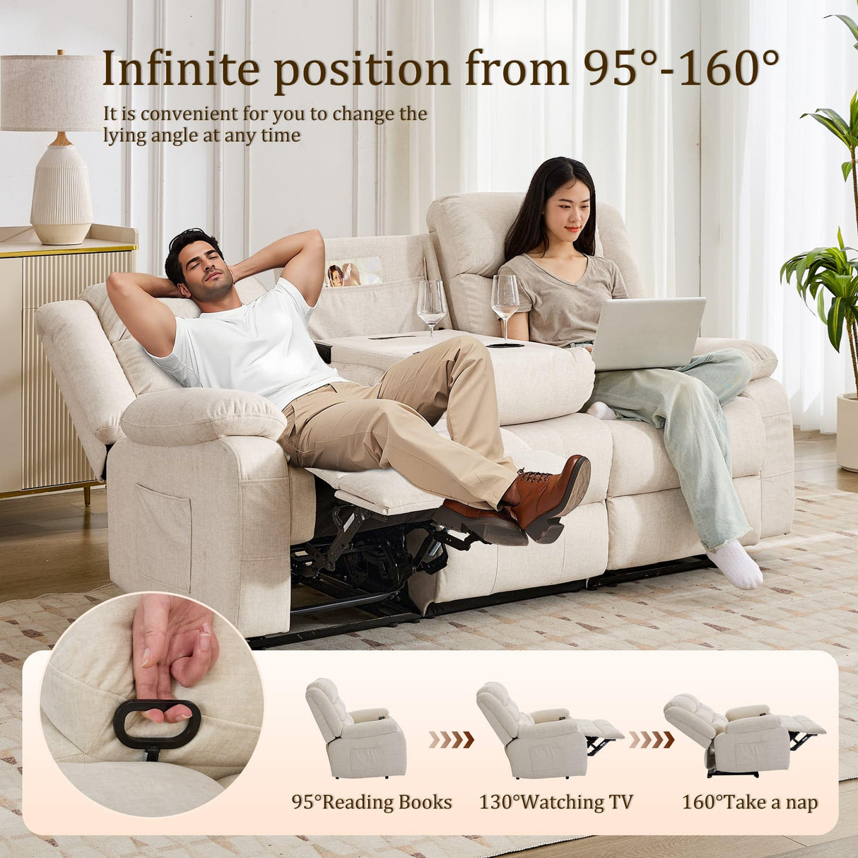 Korser Recliner Sofa, Recliner Loveseat with Console, Oversized Recling Couch with Pull-Down Table, 3-Seater Sofa with Cup Holders and Recessed Power Strip, Beige Korser