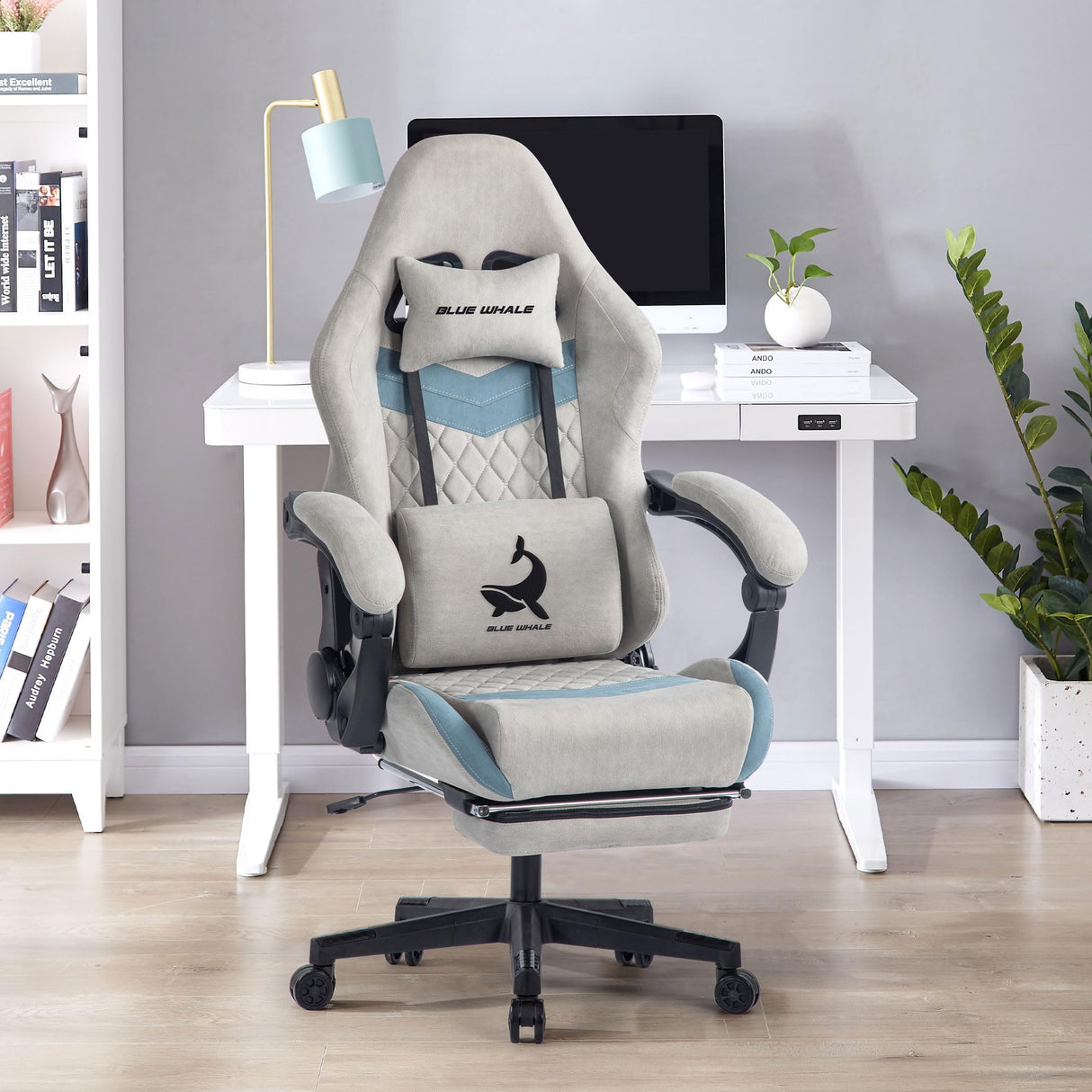 Blue Whale Gaming Chair for Adult 350lbs Computer Chair with Adjustable Lumbar Support Headrest and Footrest Large Size Reclining Gaming Chair Big and Tall Linkage Armrest Computer Chair Grey Blue Whale