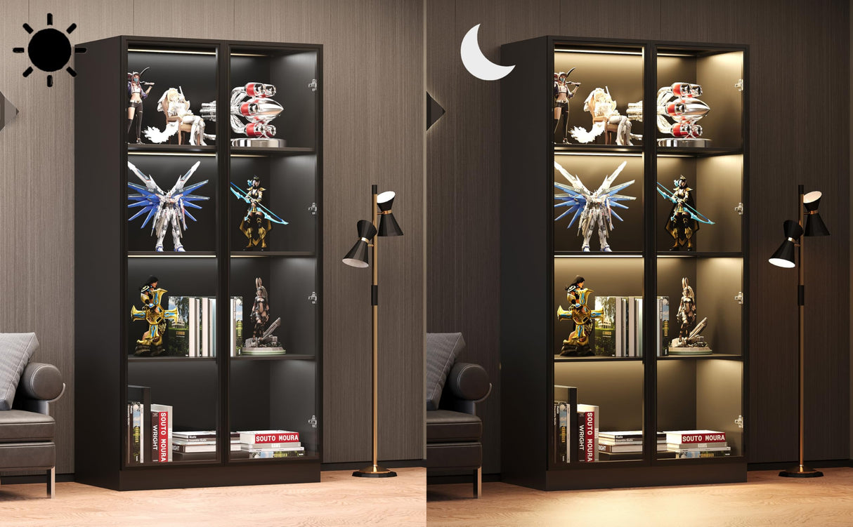 Wildhome Display Storage Cabinet with Glass Door, LED Lights,Showcase for Collections, Perfume, Vinyl Albums, Bookcase for Home Office, Living Room, Clinic, Pantry (Black- 4 Layers) Wildhome