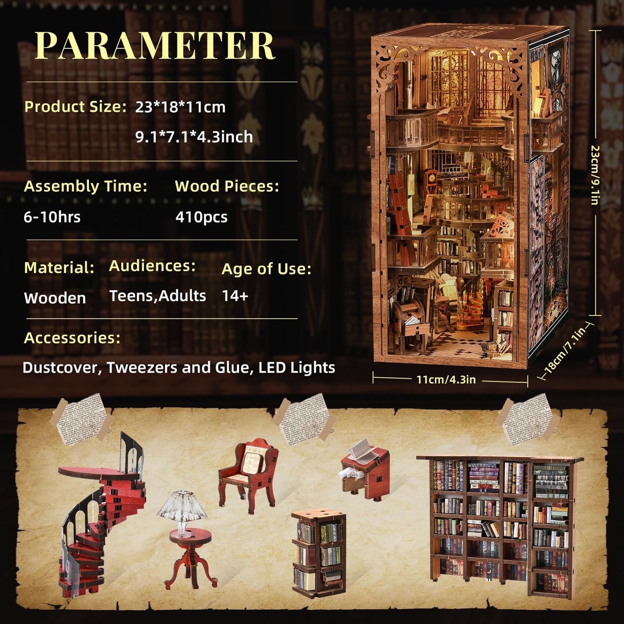 MiniCity Book Nook Kit, DIY Miniature Dollhouse Booknook Kit, 3D Wooden Puzzle Bookend Bookshelf Insert Decor with LED Light for Teens and Adults (Abbey Library) MiniCity