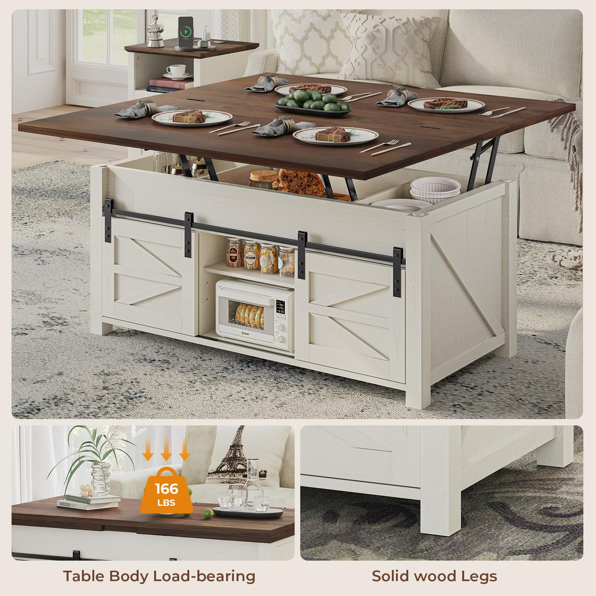 UPOSOJA Lift Top Coffee Table for Living Room with 4 Sliding Barn Doors, 4 in 1 Farmhouse Coffee Table with Adjustable Shelves and Hidden Storage Compartment, Converts to Dining Table (Brown White) UPOSOJA