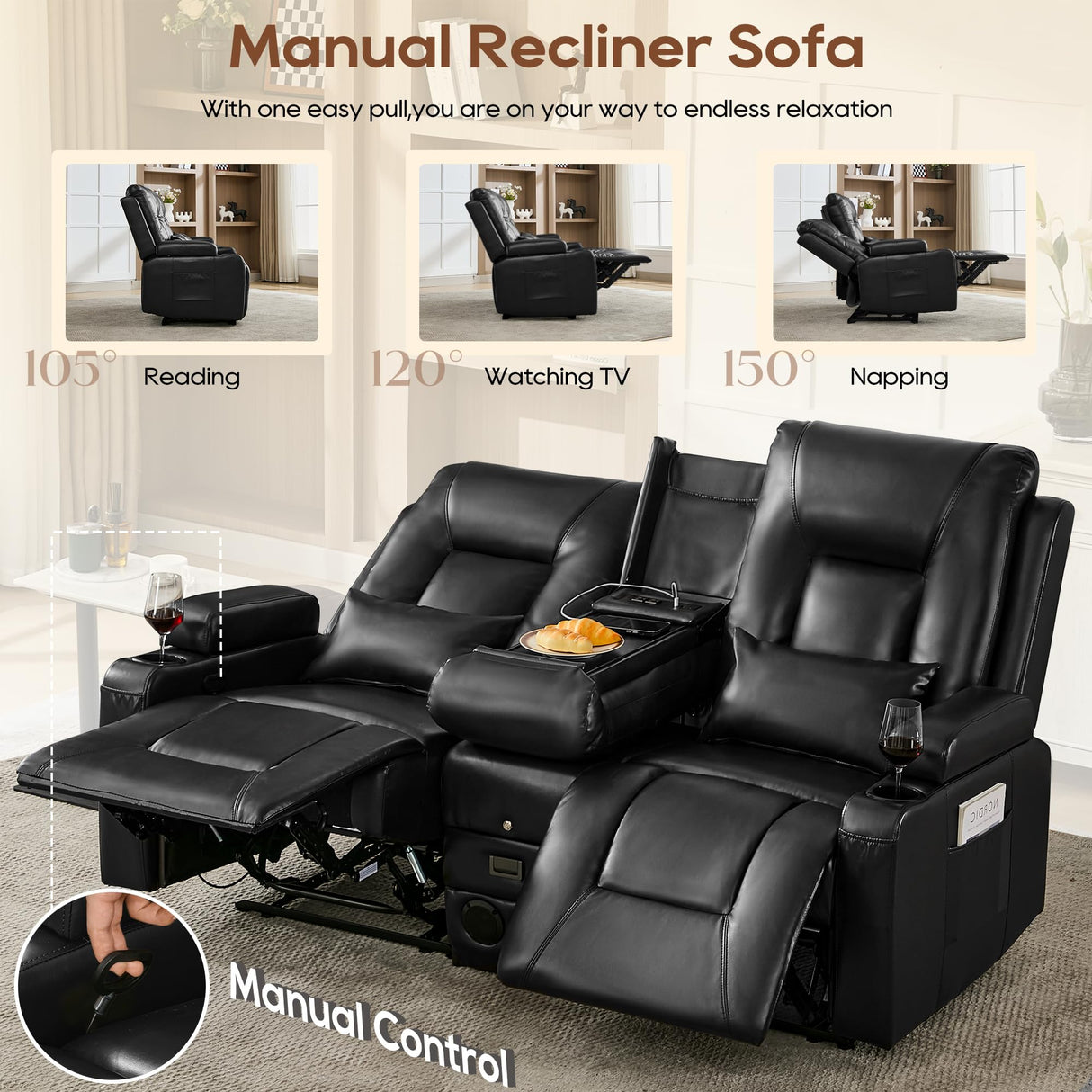 URRED Manual Reclining Loveseat Sofa with Console, Double Recliner RV Couch with Bluetooth Speakers, USB & Power Outlet, Cup Holders, Pillow and Side Pocket, for Home Theater, Faux Leather, Black URRED