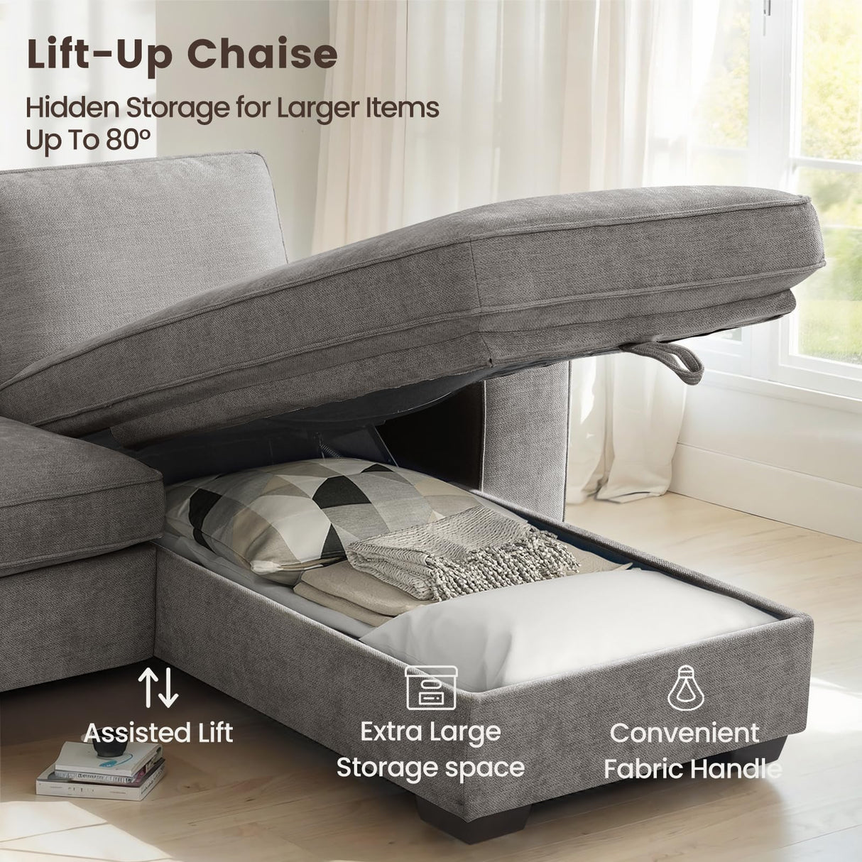 PARKOL 102" L-Shaped Sectional Couch with Storage, Sofa with Reversible Chaise, USB Type-C Charging, Chenille Fabric, Removable Cushion Covers, for Small Space, Apartment, Living Room, Light Gray PARKOL