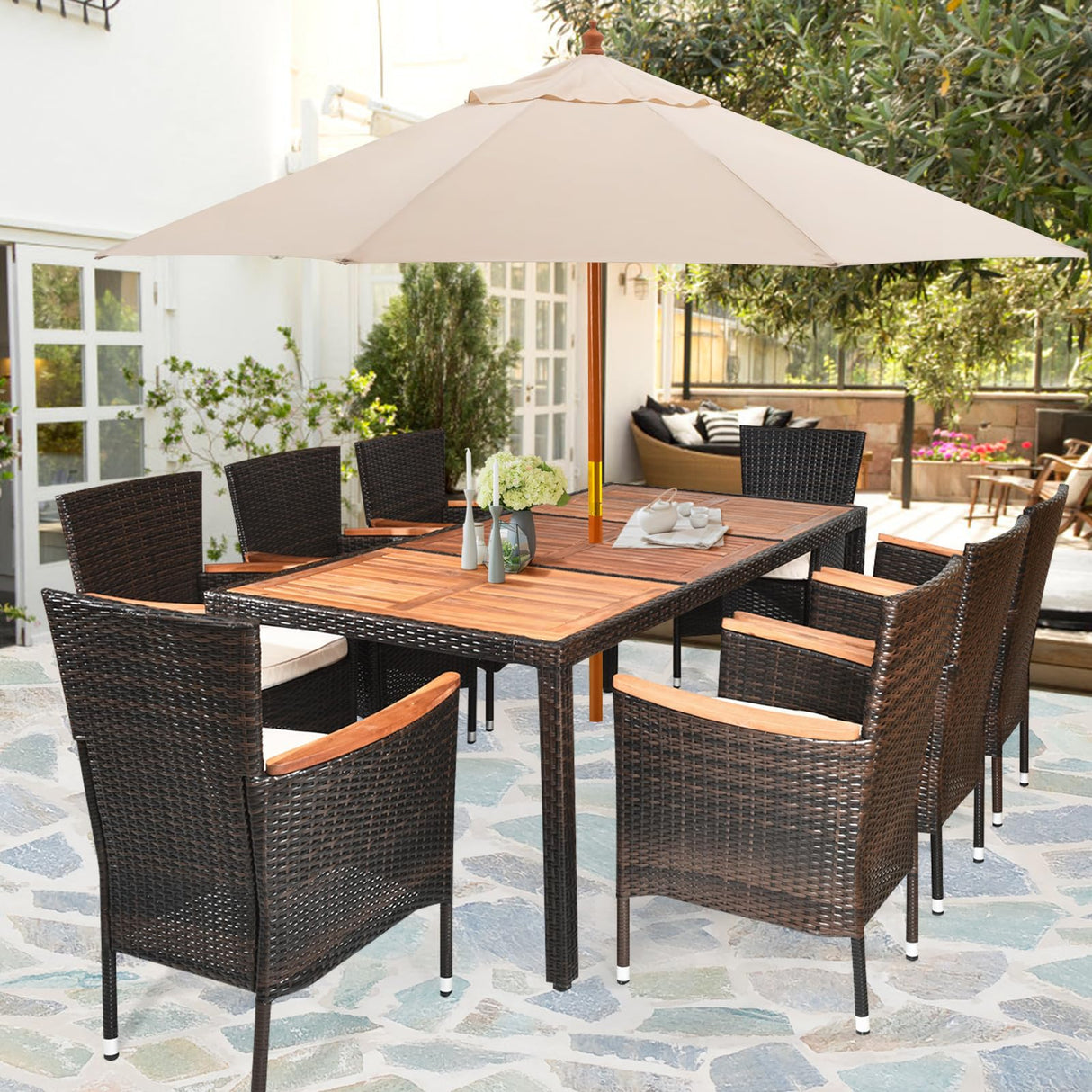 DORTALA 9-Piece Patio Dining Set, Acacia Wood & Rattan Furniture Set with 8 Cushioned Stackable Armrest Chairs and Table, Outdoor Table & Chair Set for Backyard, Garden, Poolside DORTALA