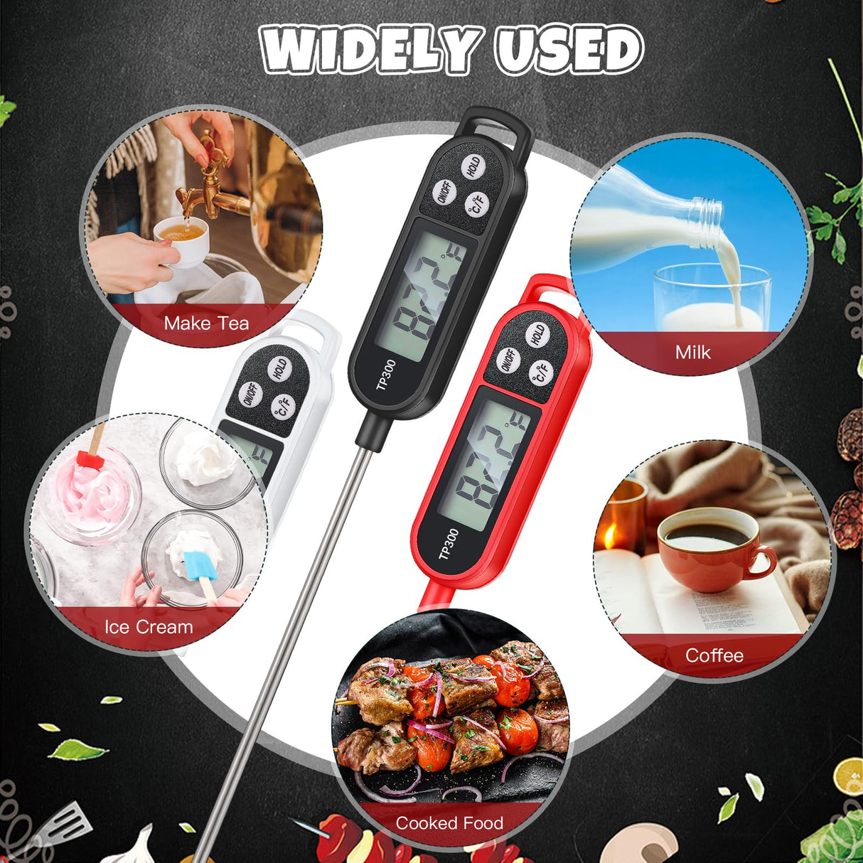 Copkim 6 Pcs Instant Read Meat Thermometer with Long Probe 9.65 Inch Kitchen Cooking Food Candy Waterproof Digital Thermometer for BBQ Water Milk Yogurt Liquid Cooking(Black, White, Red) Copkim