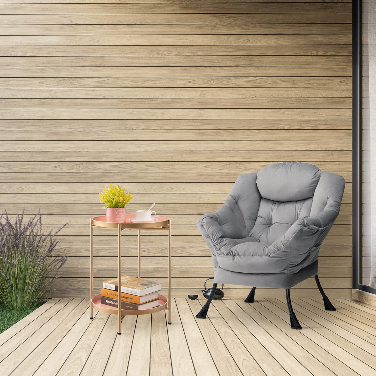 HollyHOME 2-Tier Round Gold Side Table, Outdoor Small Folding Accent Stand with Removable Tray, Anti-Rust Metal Asional Table for Balcony Patio Living Room, Nightstand for Bedroom(Gold&Pink) HollyHOME