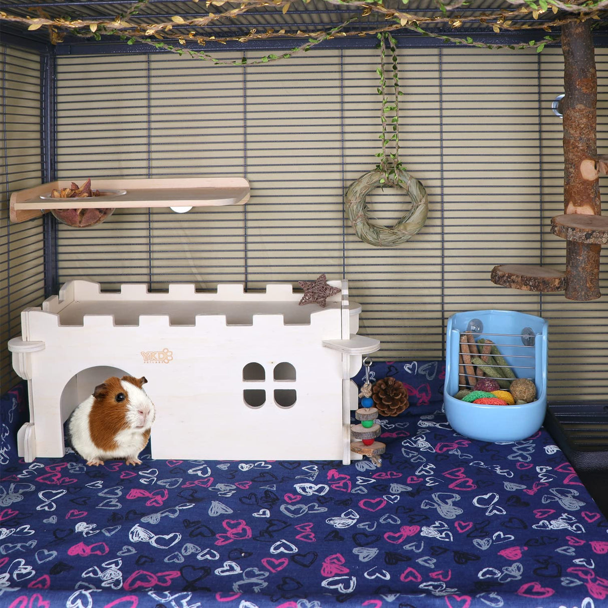 Castle Chinchilla House - Small Animal Hideout for Chinchilla Guinea Pig Hedgehog, or Rat - Ventilated Wooden Guinea Pig Hut Habitat with Multiple Doors (Large) YKD