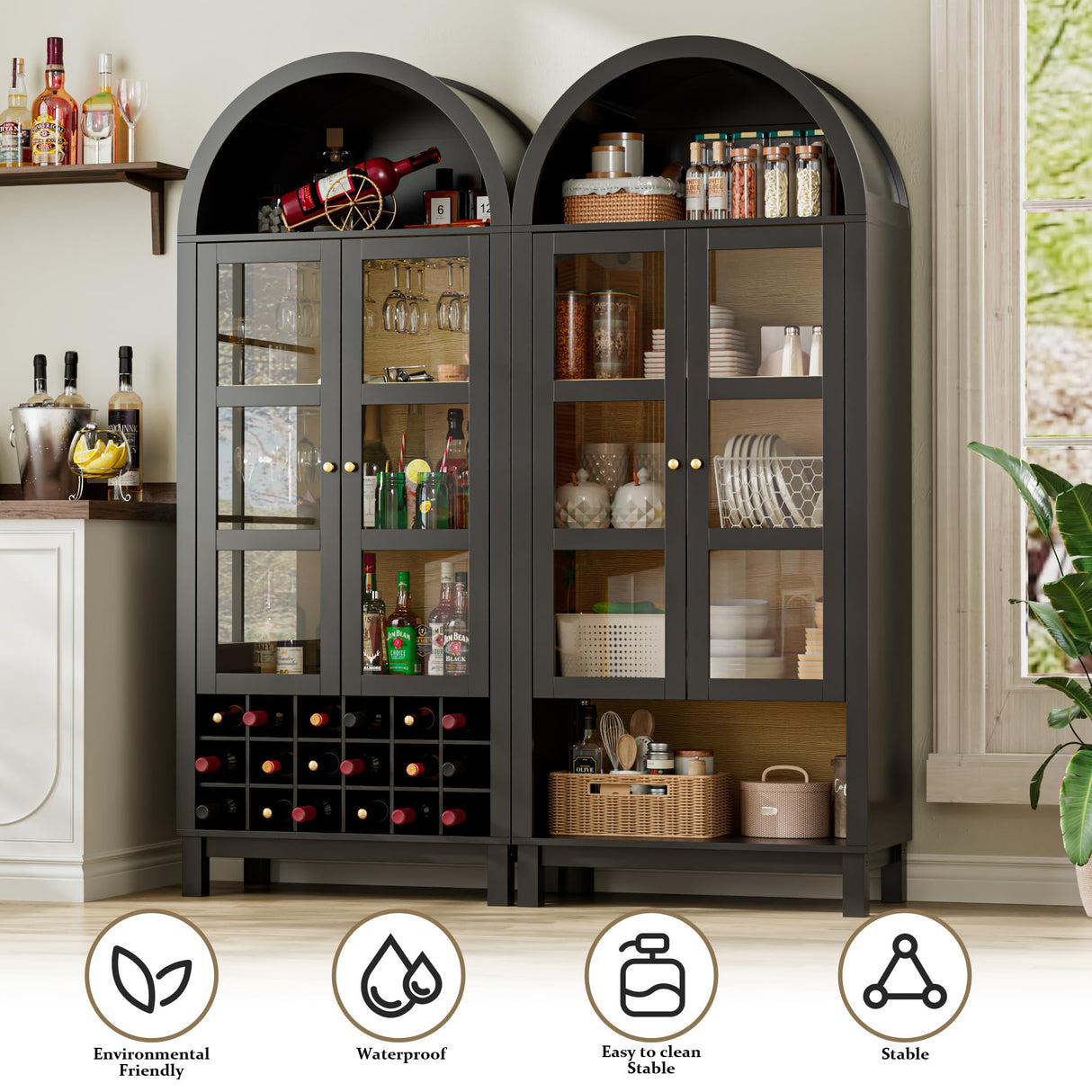 BREEZEHEAT 70" Tall Bar Cabinet, Arched Cabinet with Glass Doors, Farmhouse Whiskey Station with Wine Rack and Glasses Holder, Liquor Bar Cabinet for Home Kitchen Living Dining Room, Black BREEZEHEAT