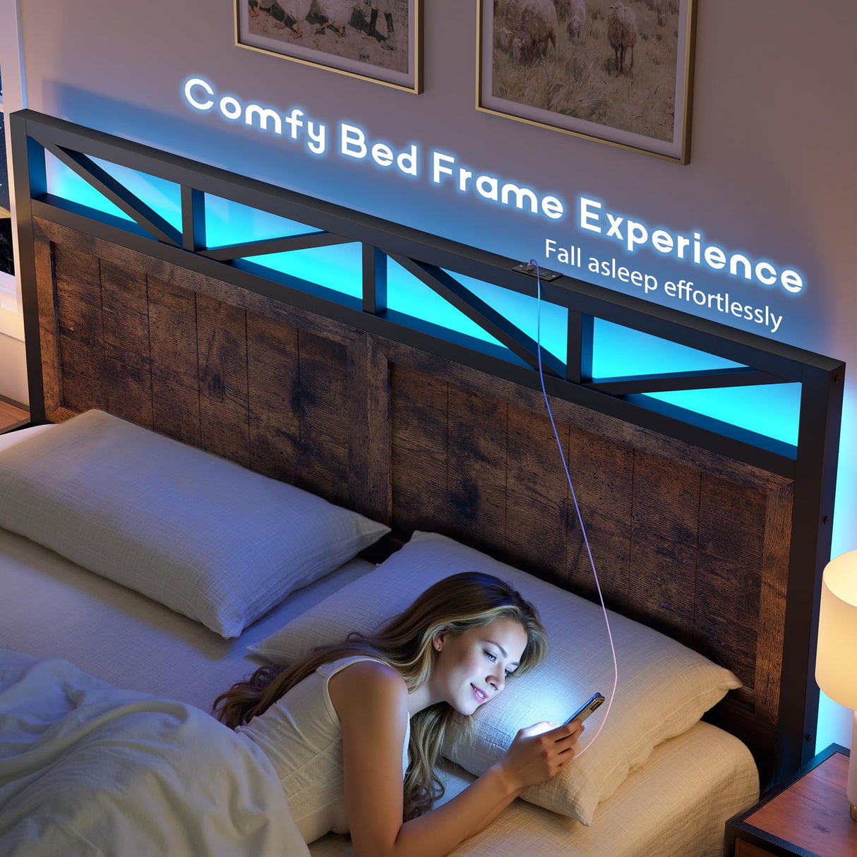 EnHomee Farmhouse King Size Bed Frame with 2 Storage Drawers & LED, Metal King Bed Frame Built in Charging Station,NO Noise,No Box Spring Needed,Brown EnHomee