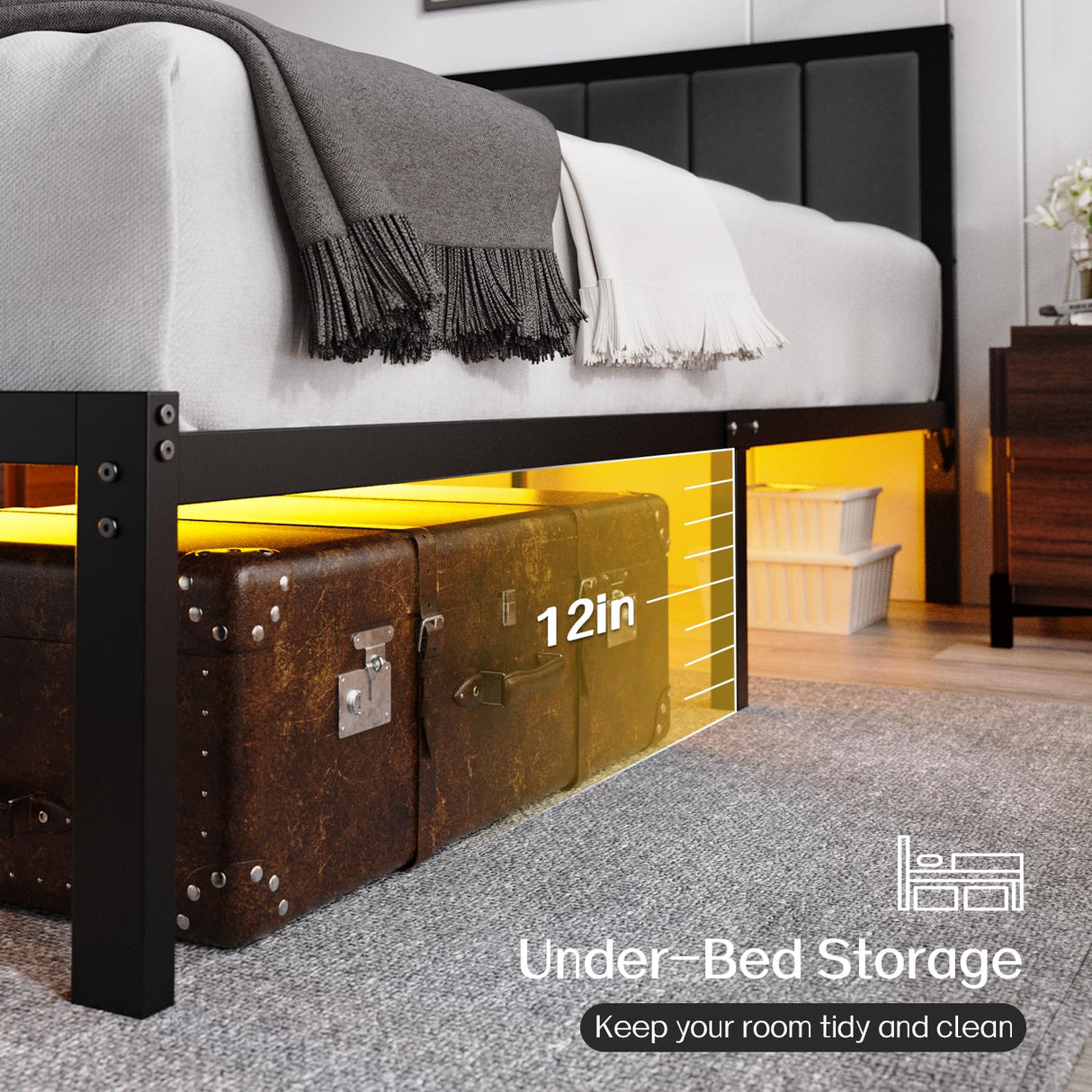 OLEVS Queen Bed Frame with Headboard Metal Platform Bed Queen Size with USB Charging Station and LED Lights, No Box Spring Needed OLEVS