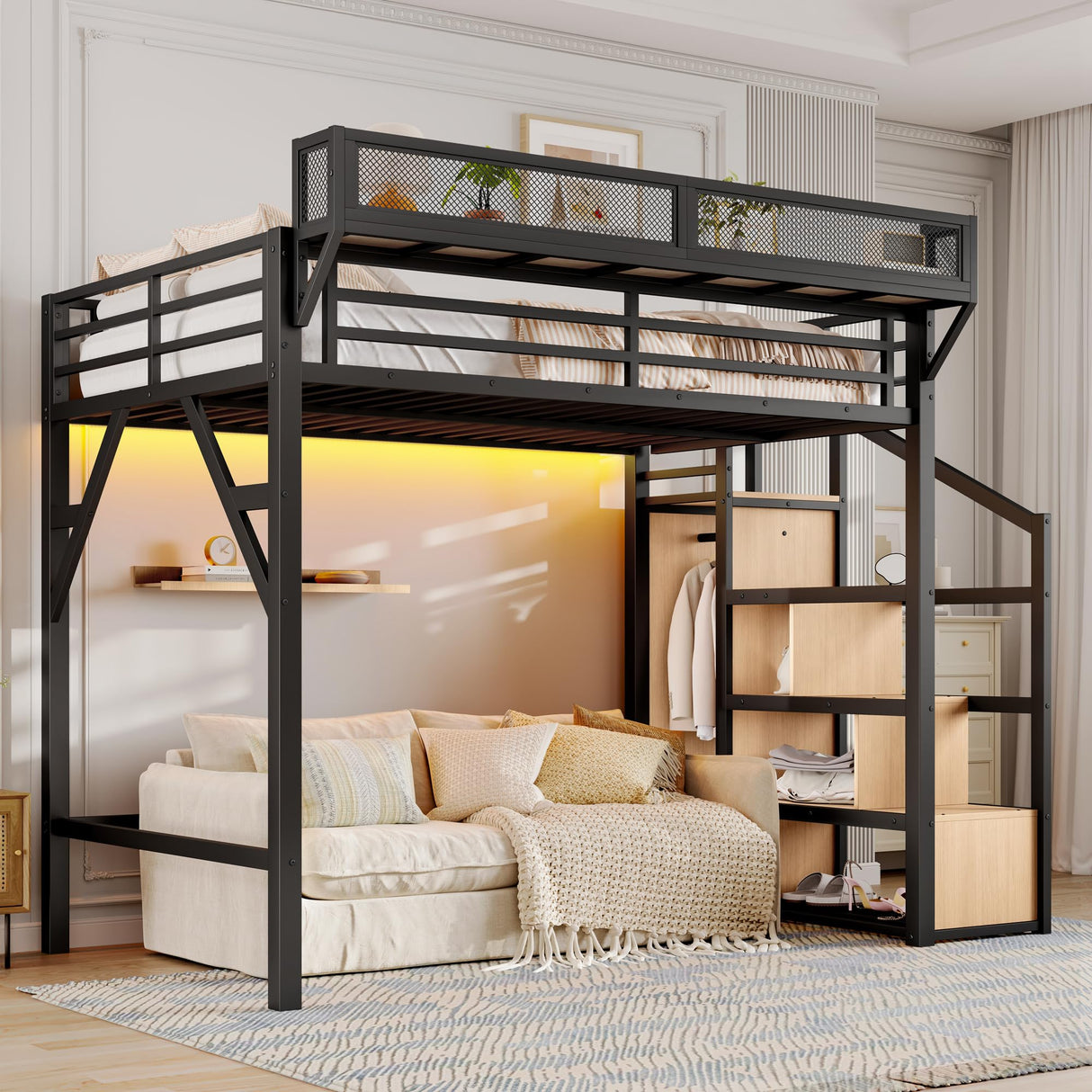 Twin XL Loft Beds with Storage Beside Shelves and Wardrobe, Metal Loft Bed Twin with LED Lights and USB Ports, Heavy-Duty Loft Bed Frame for Teens, Adults, Noise-Free & Space-Saving, Black Bellemave