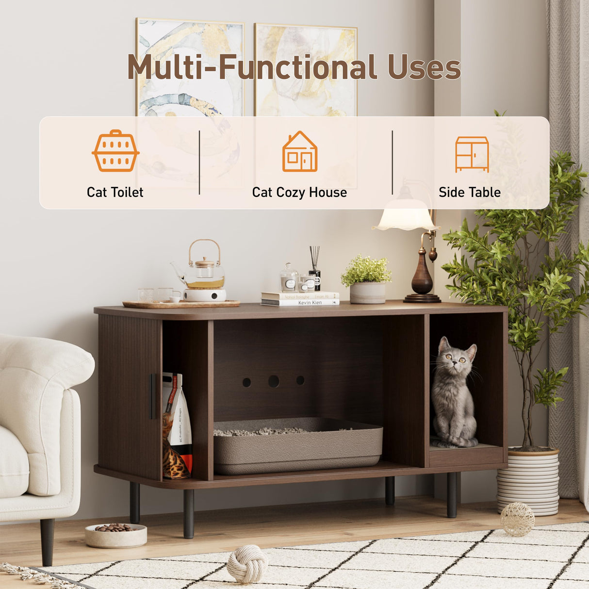 Cat Litter Box Enclosure with Cat Scratch Pad, Sliding Door, 37.4" Litter Box Enclosure Furniture Hidden Litter Box, Modern Indoor Cat House, TV Stand, Side End Table for Living Room, Walnut Halitaa