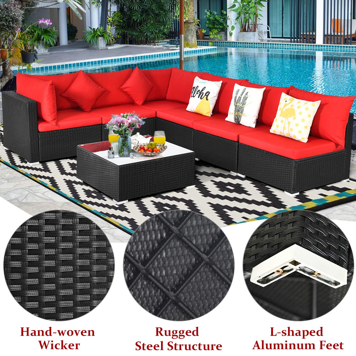 Tangkula 7 Piece Patio Furniture Set, Outdoor Sectional Sofa w/Pillows and Cushions, Wicker Sofa Conversation Set with Coffee Table, Patio Sofa and Tea Table Set for Garden, Lawn (Red) Tangkula