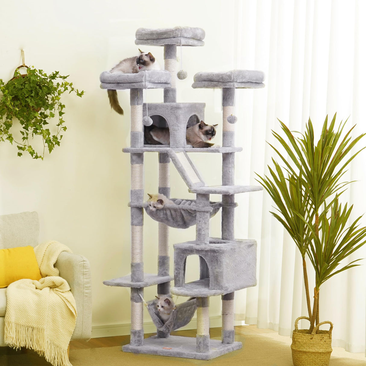 Heybly Cat Tree, 73 inches Tall Cat Tower for Large Cats 20 lbs Heavy Duty for Indoor Cats,Big Cat Furniture Condo for with Padded Plush Perch, Cozy Basket and Scratching Posts Light Gray HCT030W Heybly