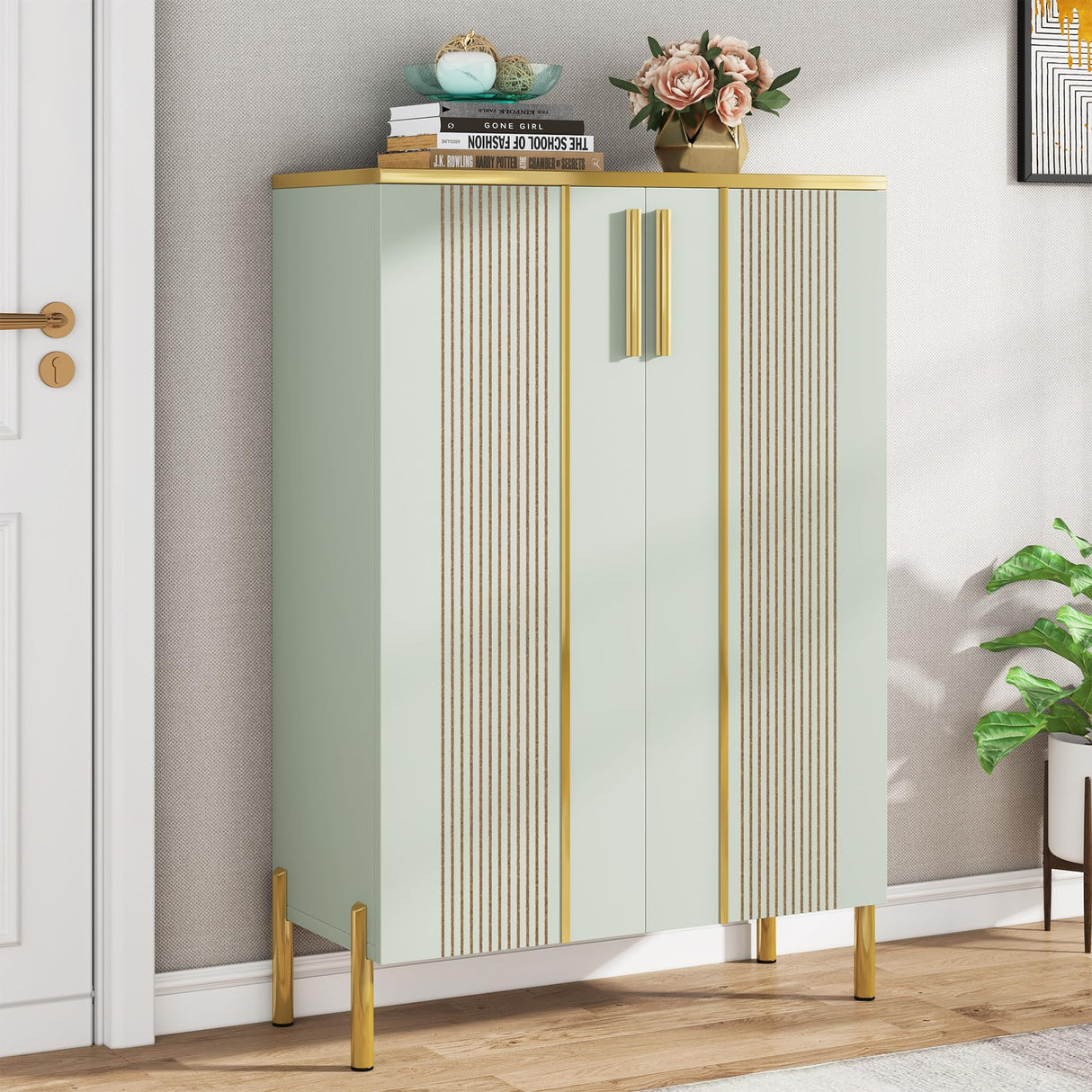 Tribesigns Shoe Cabinet with Doors, 6-Tier Shoe Storage Cabinet with Adjustable Shelves, Wooden Shoes Rack Shoe Storage Organizer for Entryway, Hallway, Closet, Living Room, Light Green Tribesigns