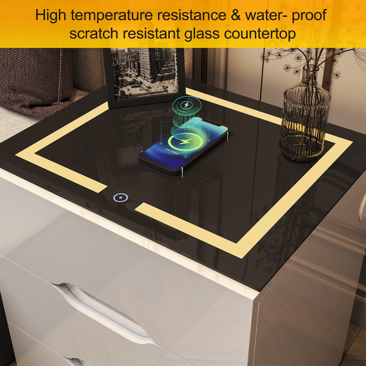 kepptory White Smart Nightstand with Wireless Charging Station & Adjustable LED Lights, High Gloss End Table with 3 Drawers & USB Charging, Bedside Table Organizer for Bedroom Use kepptory