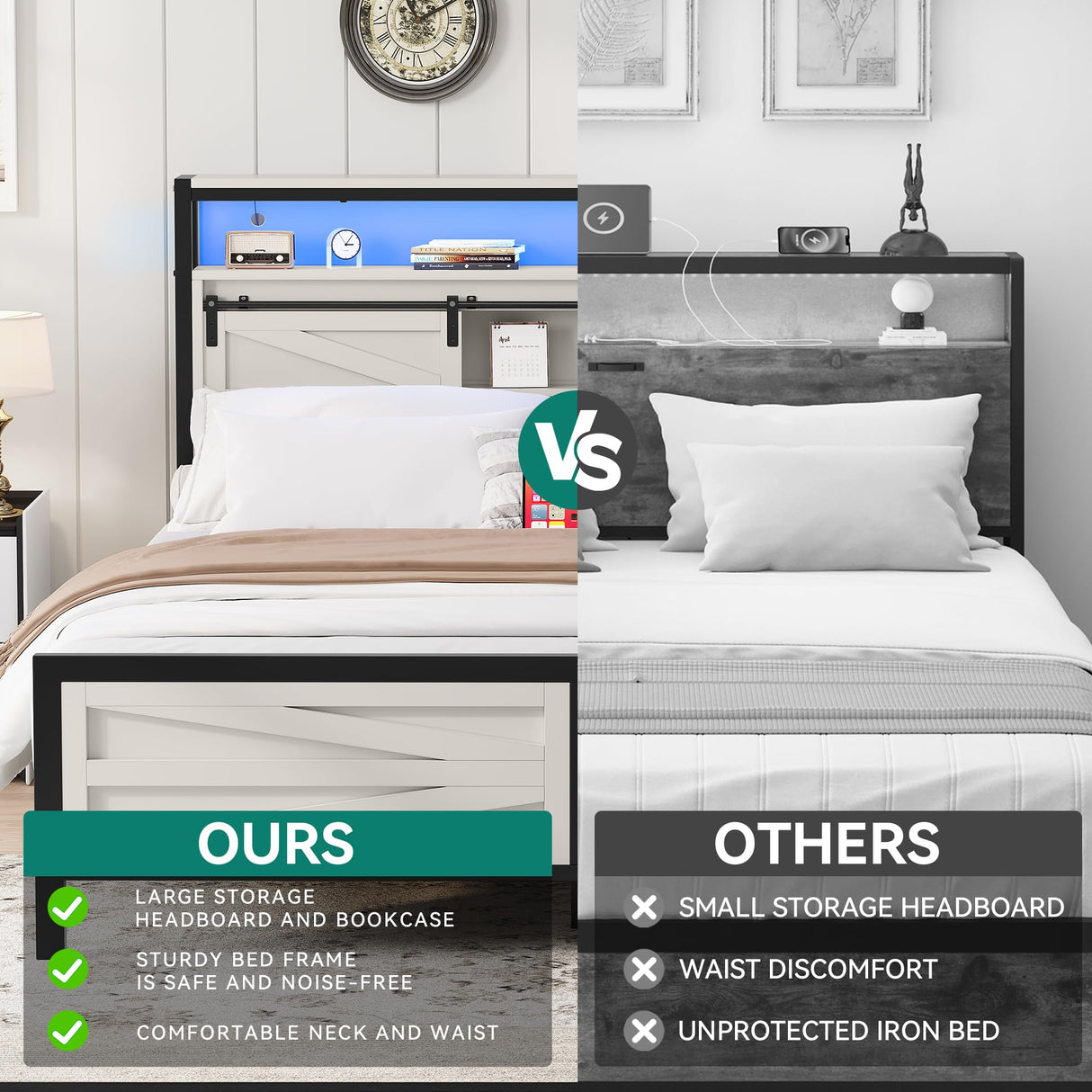 DWVO Farmhouse King Bed Frame with Headboard, Platform Bed with LED Lights and Charging Station, Sliding Barn Door, Solid Metal Slats, No Box Spring Needed (White) DWVO