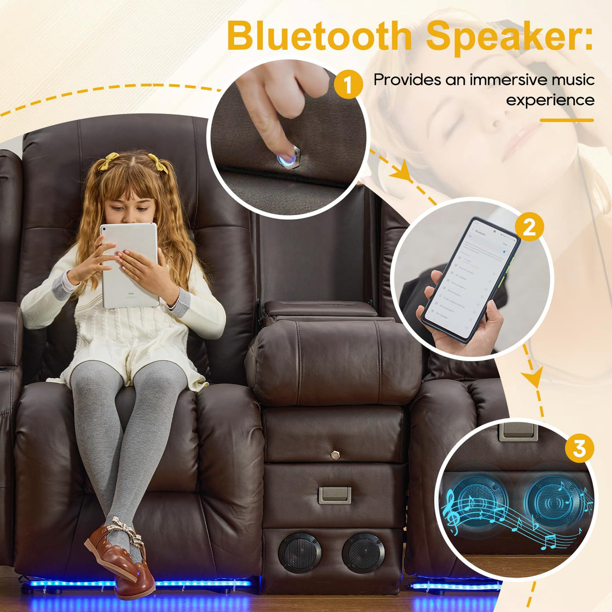 IPKIG 67" Power Reclining Loveseat Sofa, Electric Home Theater Seating with Console/4 Colors Ambient Lighting/Bluetooth Speakers/USB Ports/Built-in Outlets (Brown, Loveseat Recliner) IPKIG