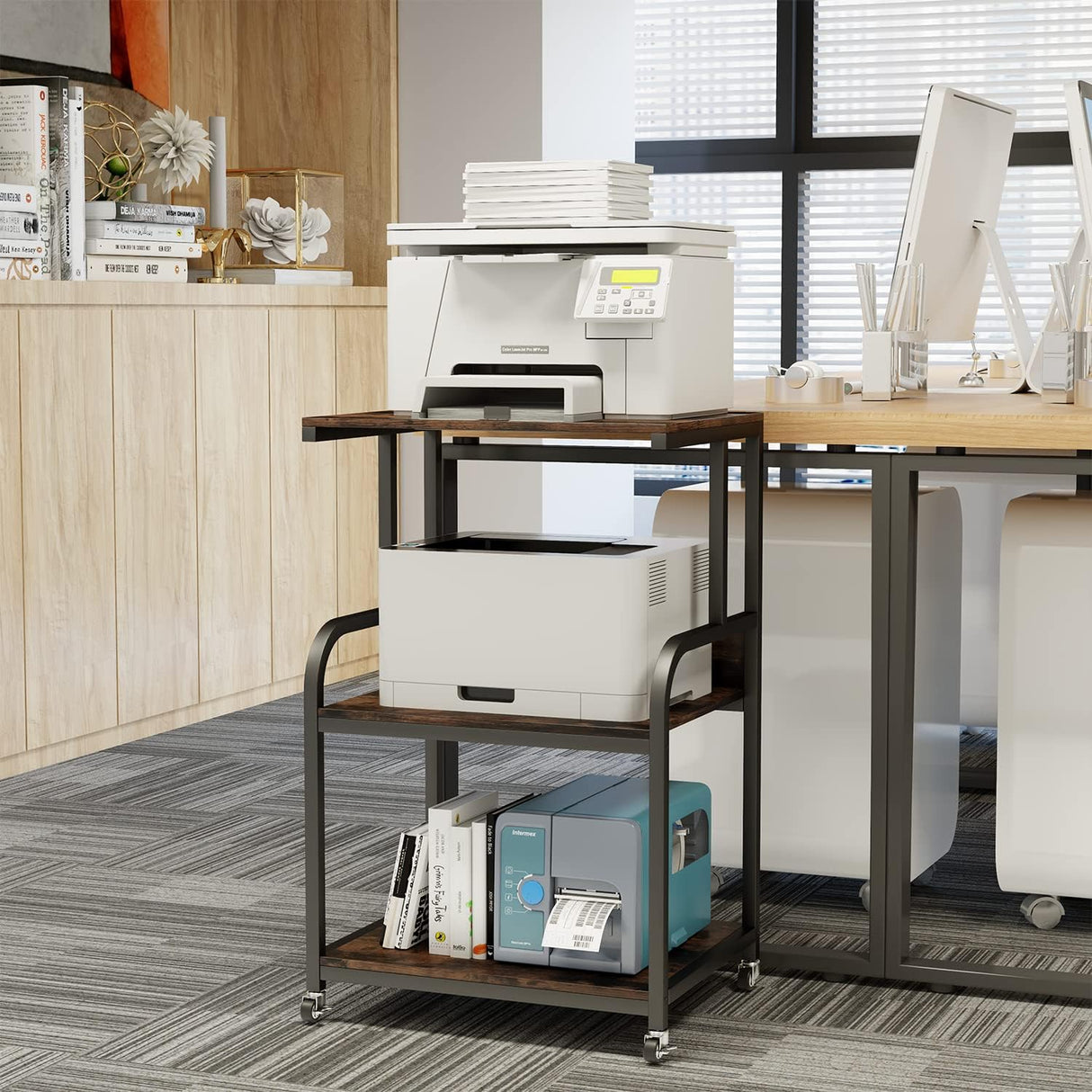 EasyCom 20''x15.7''Large Printer Stand-3 Tier Printer Table with Wheels- Printer Storage Cart- Rolling Printer Cart with Storage Shelf for Printer Scanner Fax Home Office Use- Rustic Brown EasyCom