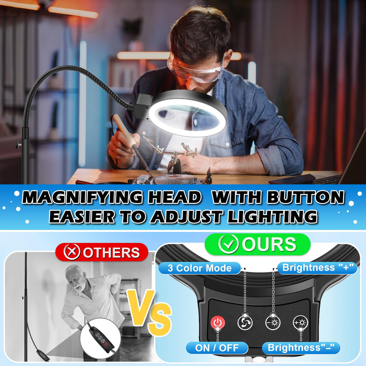 30X 10X Large Floor Magnifying Glass with Light and Stand,72 LED Flexible Gooseneck Floor Magnifying Lamp,2 in 1 Lighted Magnifiers for Close Work, Sewing,Crafts,Hobbies(Black) HQGZQL