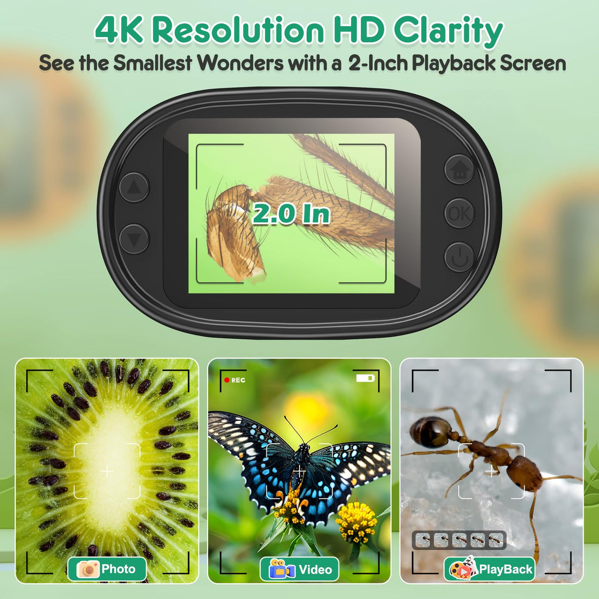 1000X Handheld Microscope for Kids 4K 2.0" Screen Rechargeable Mini Pocket Digital Microscopes w/Slides Kit Portable Edu Gift Age 4-6 8-12 Children Students (Green) BEBANG