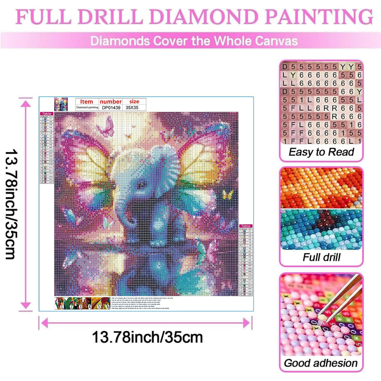 EIBEILI 5D Diamond Painting Kits for Adults, Animal Elephant Full Drill Diamond Art Kits for Beginner,DIY Butterfly Round Diamond Dots for Adults Gem Art Home Wall Decor 14x14 Inch EIBEILI