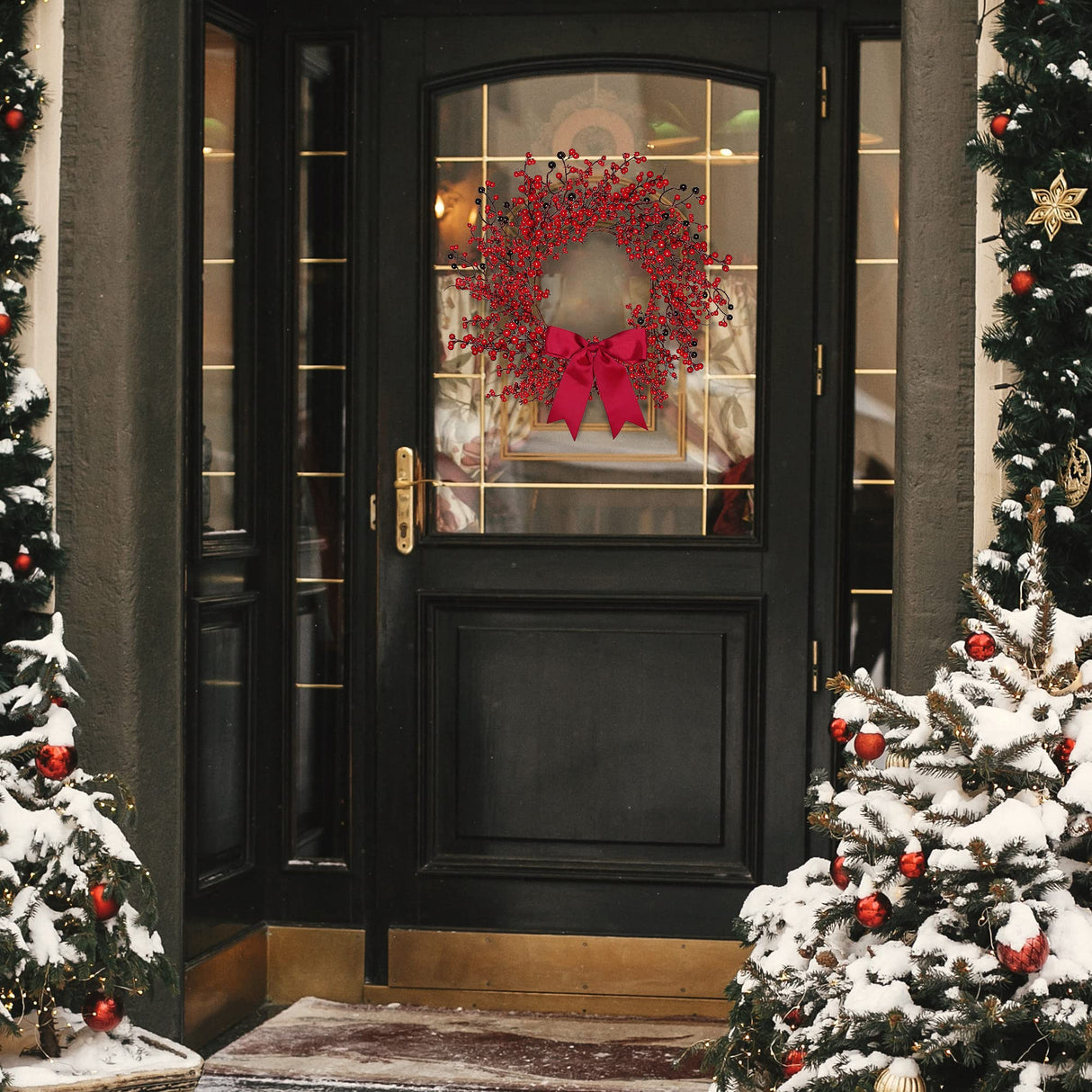 Sggvecsy 18 Inch Artificial Christmas Wreath Red Berry Wreath Handmade Winter Wreath with Bowknot Christmas Decoration for Front Door Home Indoor Outdoor Farmhouse Wall Window Xmas Holiday Sggvecsy