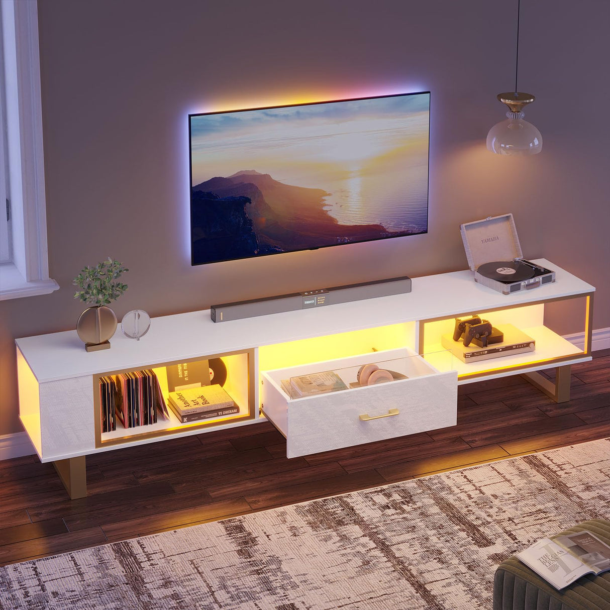 Bestier 80 Inch TV Stand for 65/75/85/90 Inch TVs, LED Gaming Entertainment Center with Open Storage and Half-Glass Design Drawer, Modern High Gloss Media Console for Living Room, White and Gold Bestier