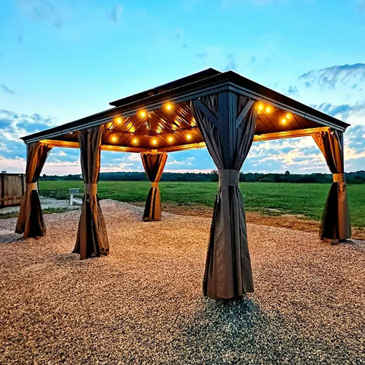 Domi Hardtop Gazebo 12x20FT, Outdoor Gazebo with Galvanized Steel Double Roof, Aluminum Frame, Built-in Gutter System, Curtain and Netting, Metal Gazebo Pavilion for Patio Deck Garden, Brown domi outdoor living