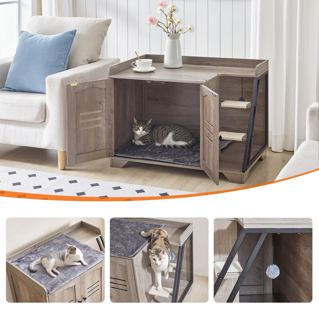 HOOBRO Cat Litter Box Enclosure with Ladder, Hidden Litter Box Furniture with Rechargeable 3-Color LED, Plush, Teaser Balls, 31.5" L x 18.9" W x 22.4" H, All-in-One, Black and Greige BG48MW01G1 HOOBRO