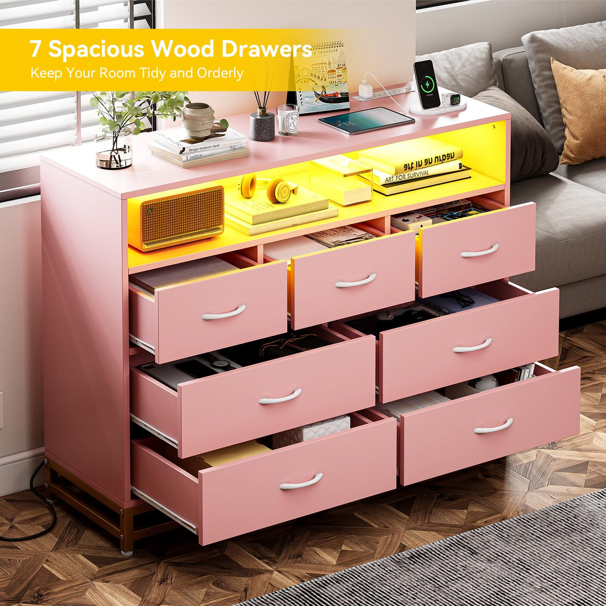 Pink Dresser for Bedroom, Modern 7 Drawers Long Dresser with Charging Station and LED Lights Design, Wooden Large Capacity Storage Chest of Drawers, Wide Dresser for Living Room, Hallway Patikuin