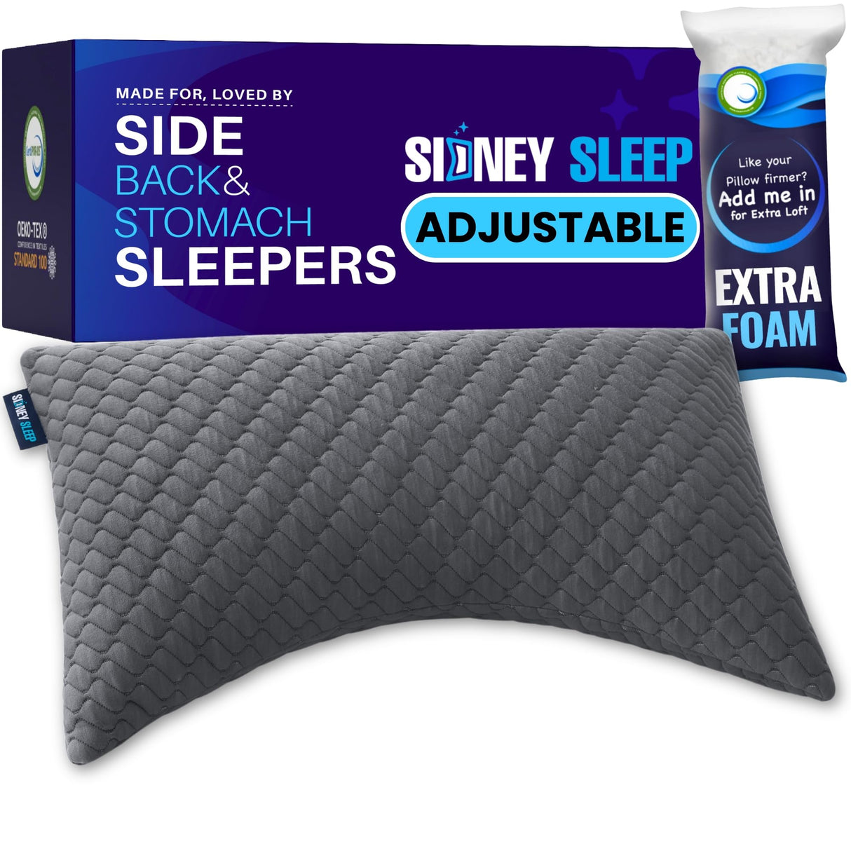 Sidney Sleep Bed Pillow for Side and Back Sleepers - Adjustable Filling - Memory Foam Pillow for Neck and Shoulder Pain - Customizable Loft - Queen Size - Additional Foam Bag Included (Grey) Sidney Sleep