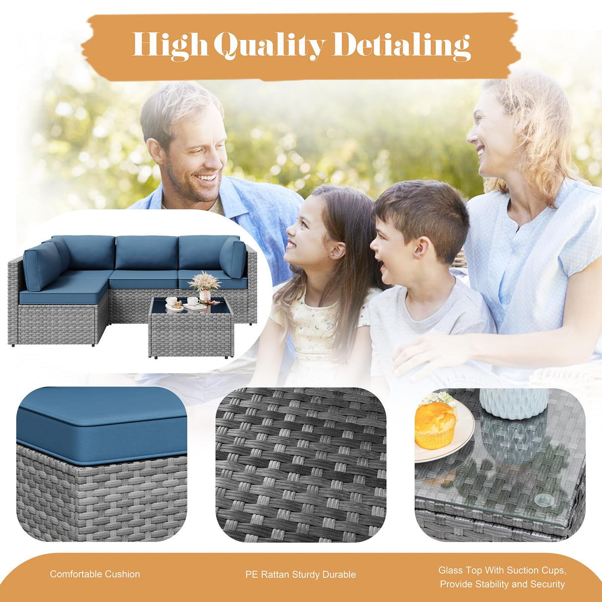 JAMFLY 5 Piece Outdoor Patio Furniture Set, PE Rattan Conversation Sofa Set with Thick Cushions & Glass Top Coffee Table, All-Weather Outside Furniture for Garden, Porch, Aegean Blue JAMFLY