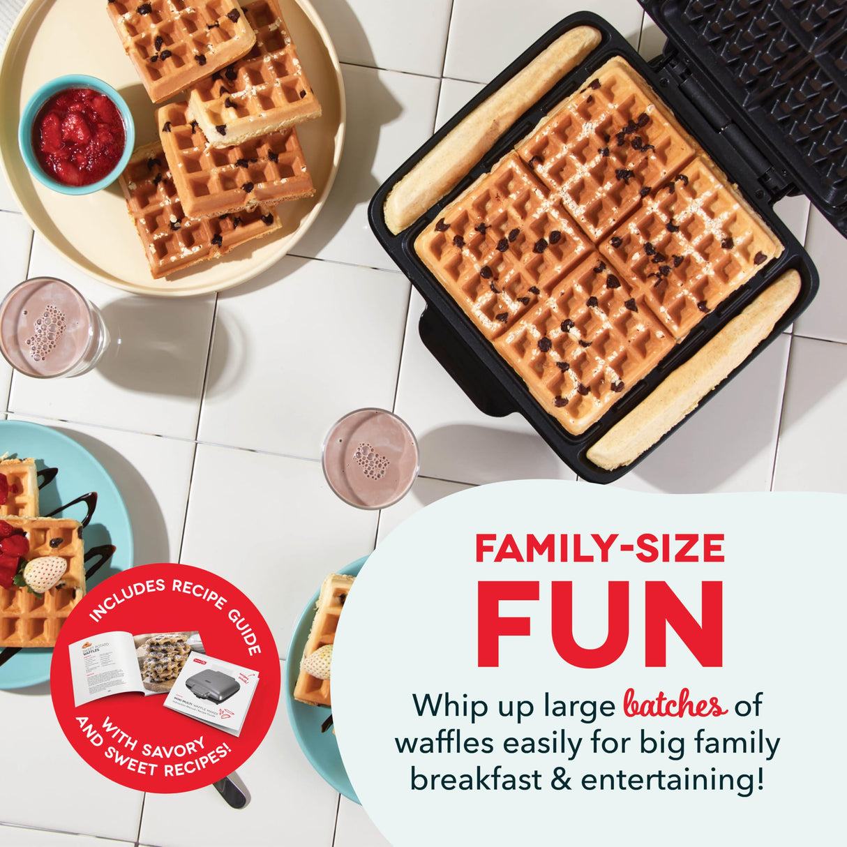 DASH No-Drip Waffle Maker - Four Waffle Molds, Nonstick Waffle Iron with Quick Heat-Up, Nonstick Surface - Perfect Waffle Maker for Kids and Families, Just Add Batter DASH