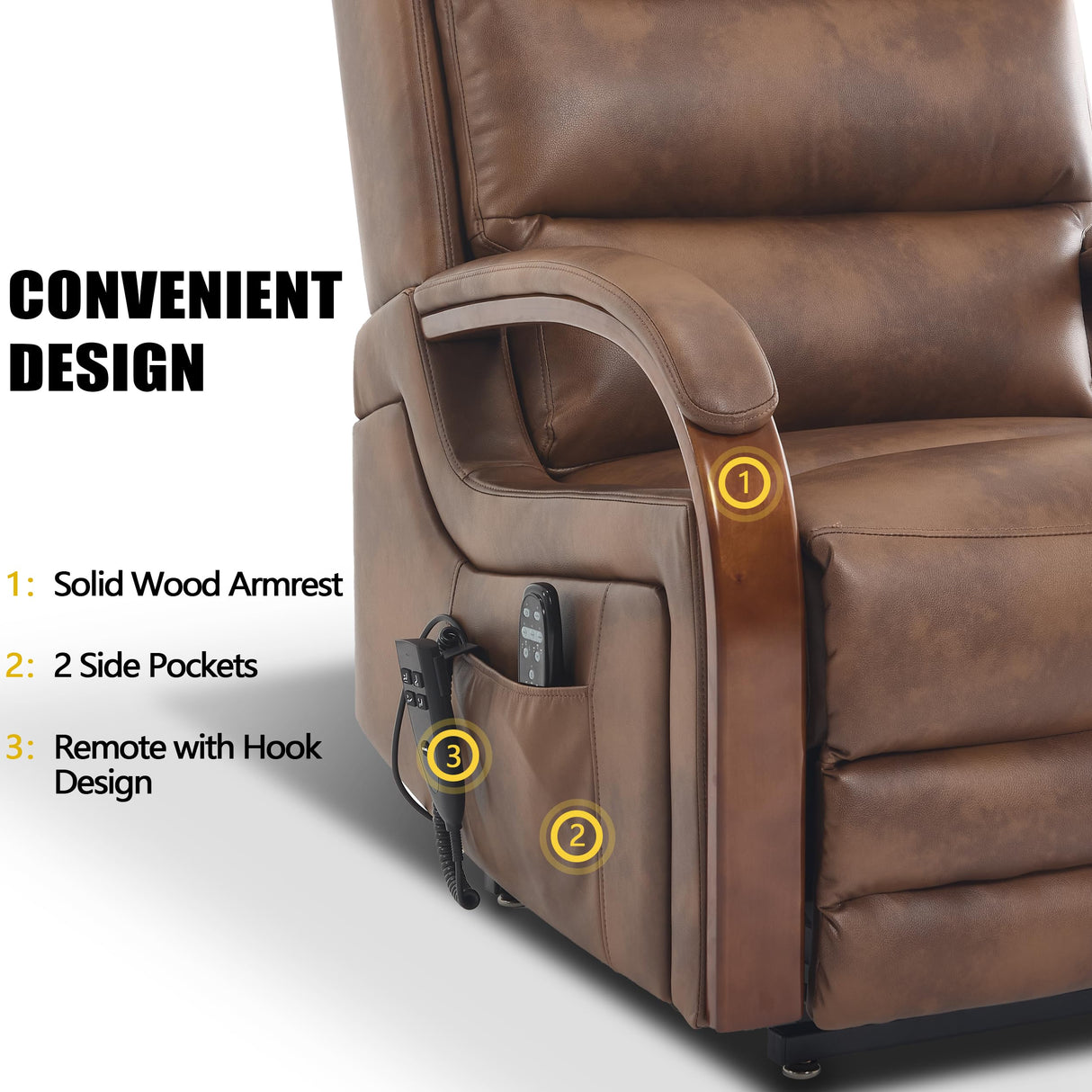 EZZUP Power Lift Recliner Chair for Elderly People, Dual Motor Lift Chair with Vibration Massage and Heat, Lay Flat Recliner with Solid Wood Armrest, Standing Assistance Reclining, Faux Leather Brown EZZUP